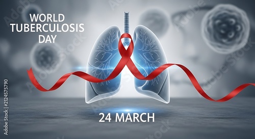 World Tuberculosis Day banner with human lungs and red ribbon on a dark background.