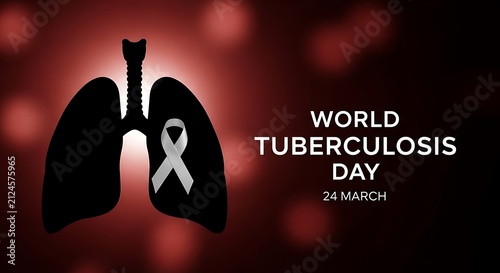 World Tuberculosis Day banner with lungs silhouette and awareness ribbon on a dark red background.