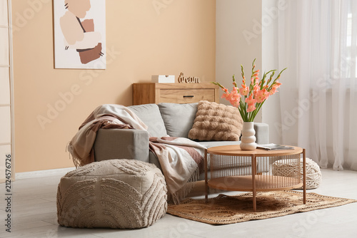 Sofa, poufs, table and vase...