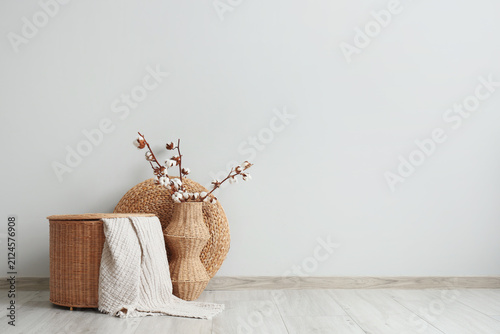 Wicker basket, pouf and vas...