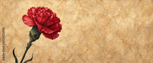 Single red carnation flower with green stem on aged parchment background, symbol of love and remembrance with vintage texture