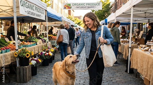 Happy Young Woman Wearing Denim Jacket Walking Golden Retriever in Outdoor Organic Market