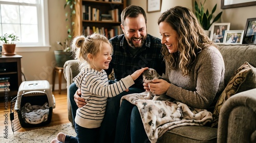 Happy Family with Child and Cat Sitting on Couch in Cozy Living Room