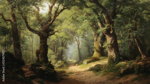 A serene forest landscape depicting tall, ancient trees with lush green foliage. Sunlight filters through the branches, casting soft light onto a winding dirt path that leads deeper into the woods. T