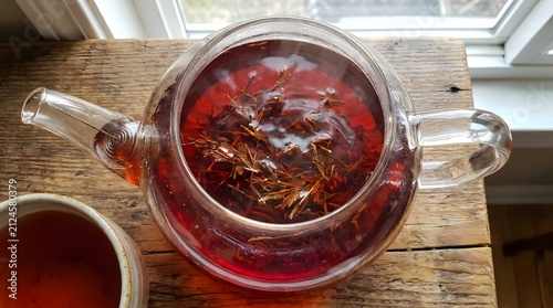 Clear glass teapot filled with red rooibos herbal tea brewing on rustic wooden table surface.
