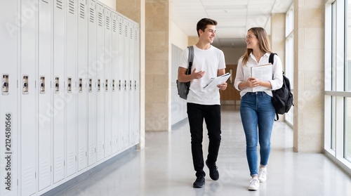 Two High School Students Walking Together Along School Hallway, Education, Learning, Friendship and Academic Life Concept