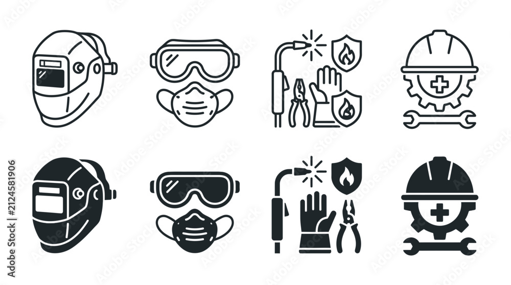 Fototapeta premium Professional welding protection and occupational safety icons for construction industry with protection, respirator