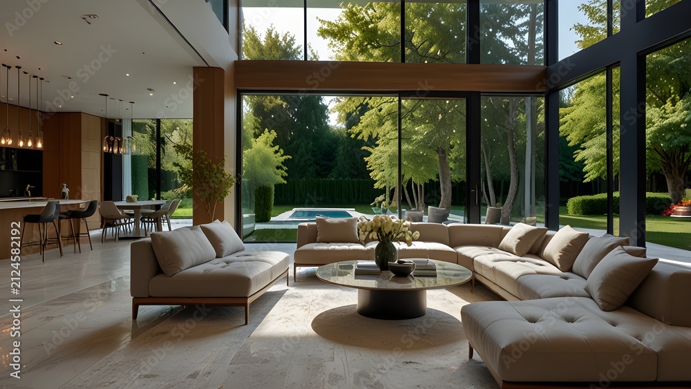 Fototapeta premium Spacious modern luxury living room interior with panoramic glass windows overlooking a beautiful green garden and swimming pool