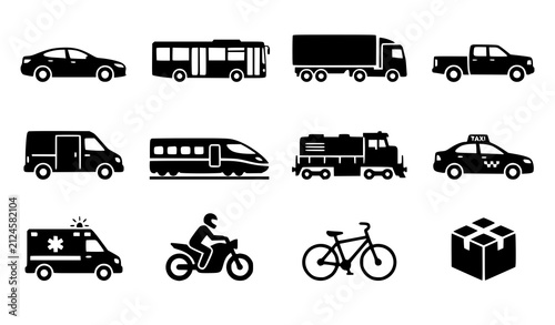 Transport Vehicle Icon Set with Car Bus Truck Train and Delivery Vector Collection