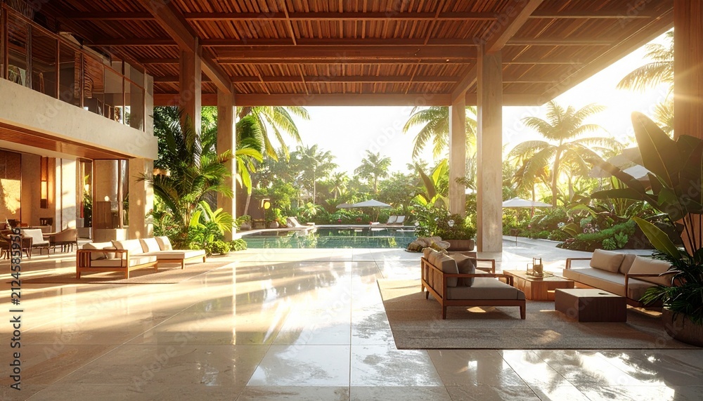 Fototapeta premium Luxurious indoor pool surrounded by warm wood architecture, tropical greenery, and soft natural light, offering a serene oasis for relaxation and upscale resort living.