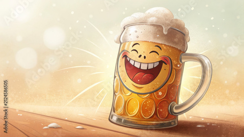 This is a cute cartoon illustration of a laughing anthropomorphic beer mug topped with frothy foam, placed on a wooden surface against a warm glowing bokeh background.

