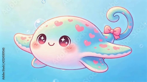 Kawaii baby stingray in blue  ocean, Underwater animals animation