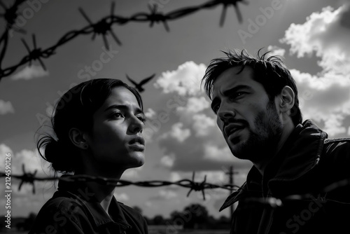 Two people in love, looking up, against a barbed wire fence and dramatic clouds
