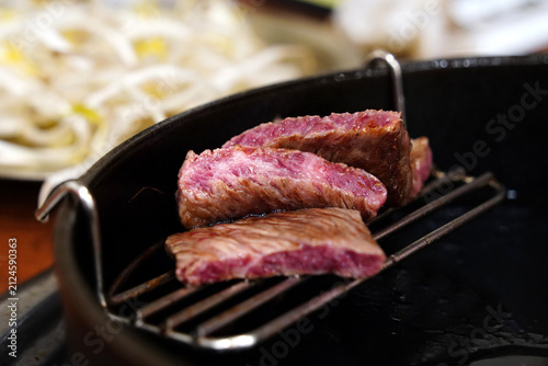 Premium Korean beef barbecue grill steak piece medium rare juicy meat