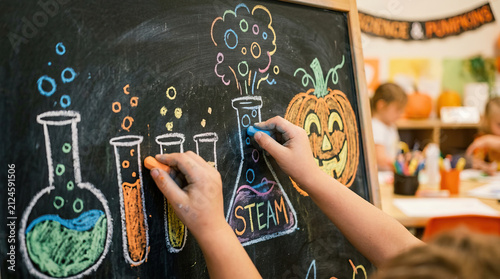 Children drawing colorful science experiment illustrations on chalkboard with chalk in classroom decorated for autumn and pumpkin theme