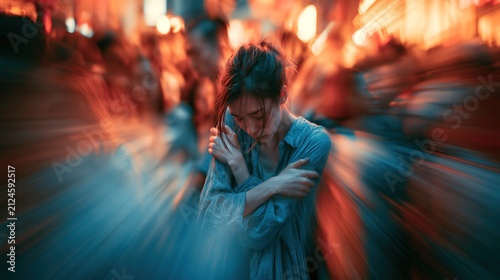 A young woman standing perfectly still and in sharp focus in the middle of a busy crowded street, hugging her own arms tightly across her chest, head bowed down