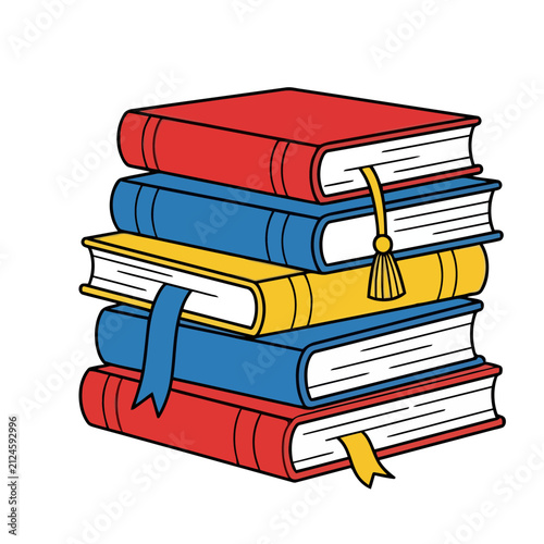 Stack of colorful books with bookmarks