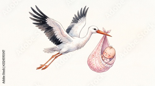 Stork flying and carrying newborn baby in cloth bundle, icon of birth, pregnancy announcement, and new family arrival