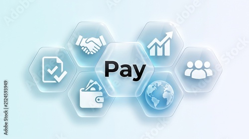 
Pay design with hexagon icons, handshake, wallet, and global network representing digital payment, finance growth, and business partnership technology