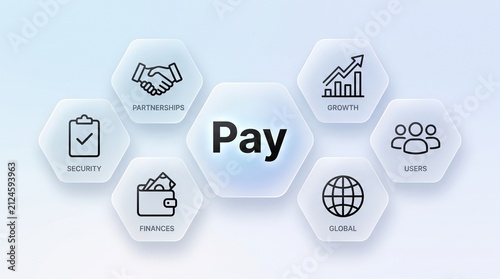 Pay concept with hexagon icons, handshake, wallet, and global network representing digital payment, finance growth, and business partnership technology