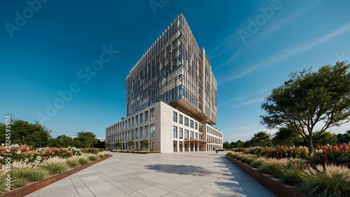  modern glass and light-colored stone architecture.