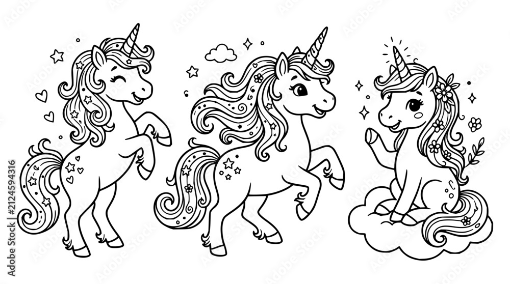 Obraz premium Three unicorns set with flowing manes and tails featuring fantasy creatures with magical horns and ethereal glow and dynamic poses