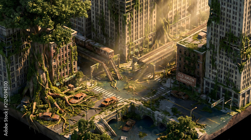 Nature reclaims an abandoned metropolitan city with giant trees and overgrown buildings in sunlight.