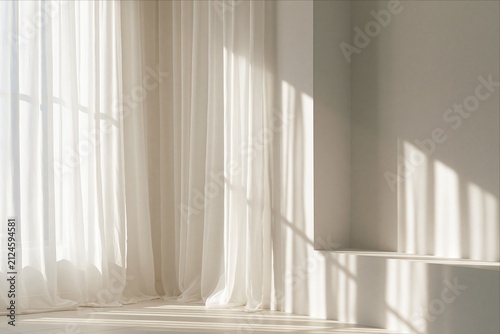 Minimalist White Interior with Soft Sunlight Through Sheer Curtains and Window Shadows