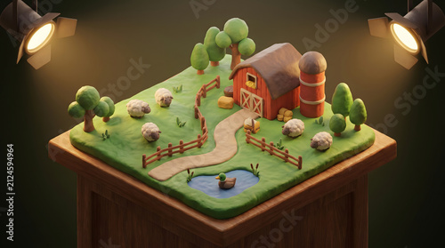Stylized 3D isometric farm diorama with red barn and sheep illuminated by studio spotlights.