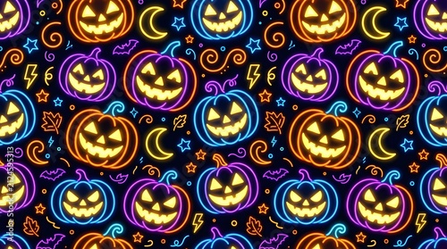 Seamless pattern background with glowing neon jack o lanterns for a festive happy halloween holiday celebration design