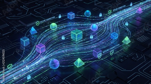 Secure digital network data flow representing blockchain encryption and cybersecurity on abstract circuit background