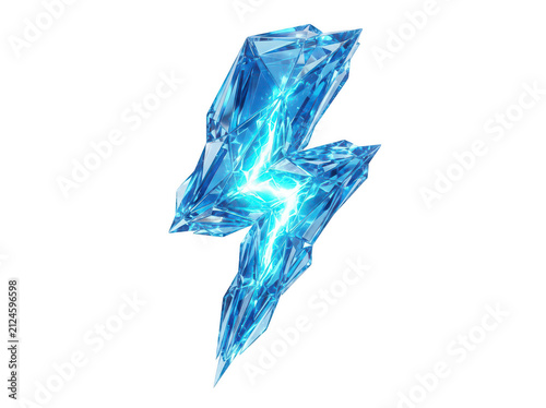 Ice lightning bolt symbol. Frozen thunder icon with glowing blue light.