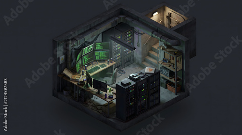 Isometric 3D view of a secret hacker bunker with server racks and glowing green coding monitors