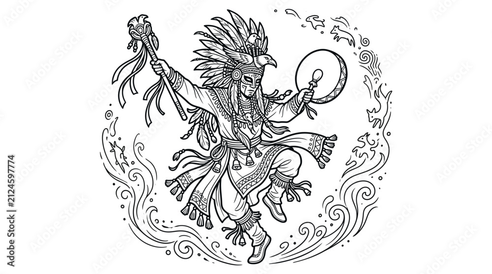 Obraz premium Shaman Performing Gut Ritual Dance Line Art Style Vector Illustration