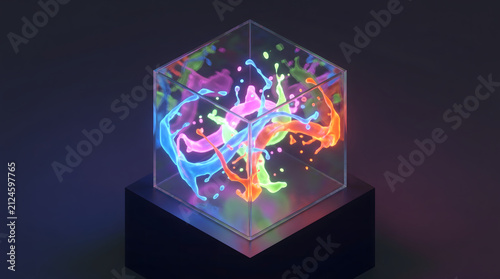 Vibrant neon paint splashes frozen inside a clear glass cube on a black pedestal abstract art