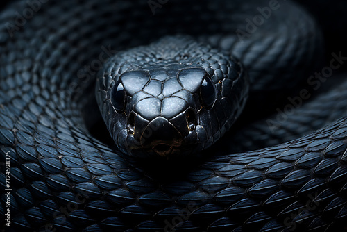 Close-up Macro Shot of a Black Mamba Snakes Head and Coiled Body.