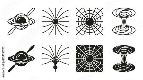 Theoretical physics and cosmic phenomena abstract icon set with blackhole singularity geometry abstract astrophysics