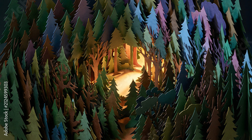 Magical layered paper cut forest diorama with a glowing clearing and mysterious pine trees.