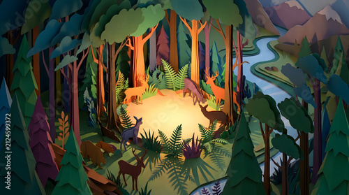 Magic glowing forest clearing with wild animals in paper cut style illustration.