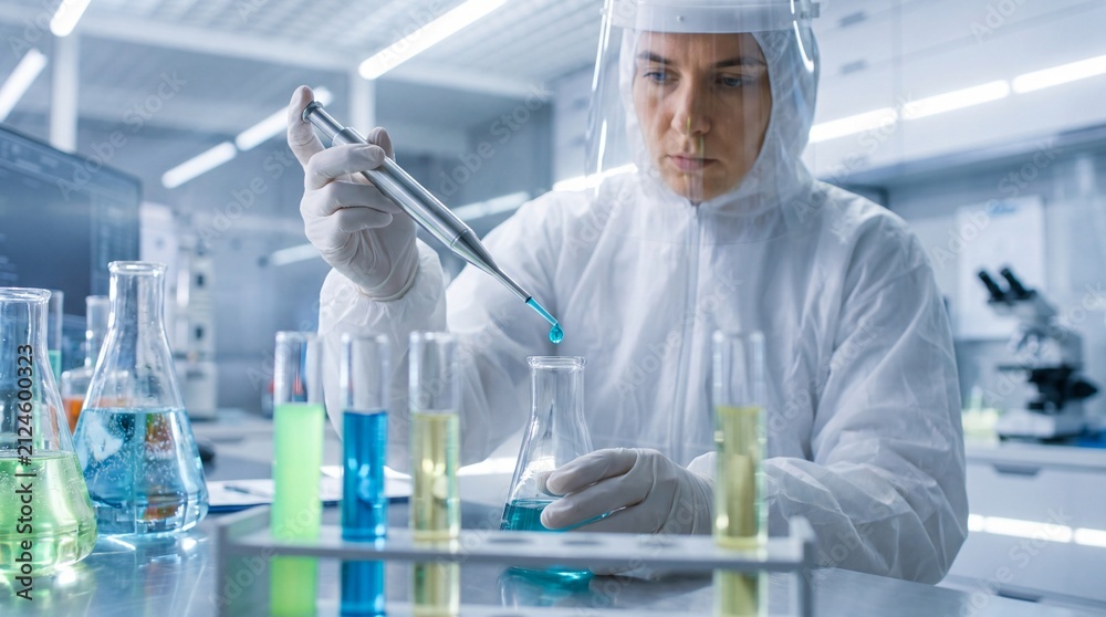 Fototapeta premium Scientist transfers blue liquid from a pipette into flask in a laboratory.