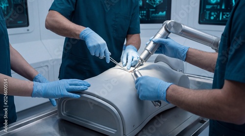 Team collaborate on advanced medical training using robotic surgery simulation.
