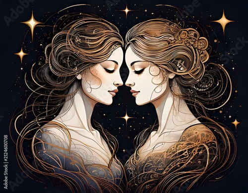 Gemini Zodiac Twins Constellation Line Art Illustration in Gold and Navy