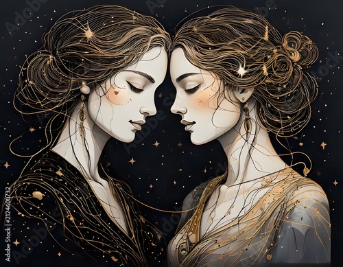 Gemini Zodiac Twins Constellation Line Art Illustration in Gold and Navy