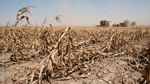 Drought-stricken Cornfield: In a parched and dusty landscape, withered corn stalks stand as a stark testament to severe drought.