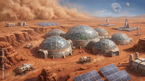 Futuristic Mars colony with glass biodomes and space rockets on a red desert planet landscape.