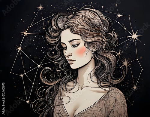 Gemini Zodiac Twins Constellation Line Art Illustration in Gold and Navy
