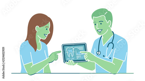 Dentist showing dental x-ray on tablet to patient