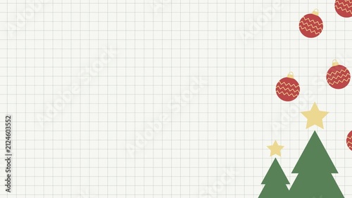 Seamless looping background animation of swaying Christmas trees and baubles in side areas with wide cream beige grid text copy space. Flat style holiday frame concept for banner design