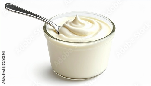 Delicious Creamy Yogurt with Spoon Isolated on a Bright White Background, Showcasing Fresh Dairy Goodness for Branding and Advertising
