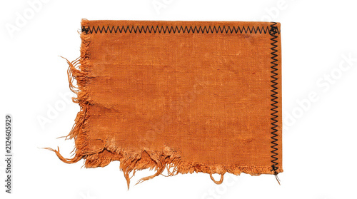 Vintage orange fabric patch with frayed edges, distressed textile swatch with black zigzag stitching, rustic linen cloth scrap for design isolated on Transparent Background